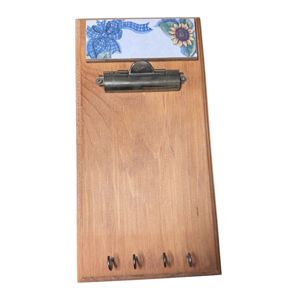 Wooden Wall Hanging Key Holder Clipboard Sunflower Gingham Bow Decor Vintage